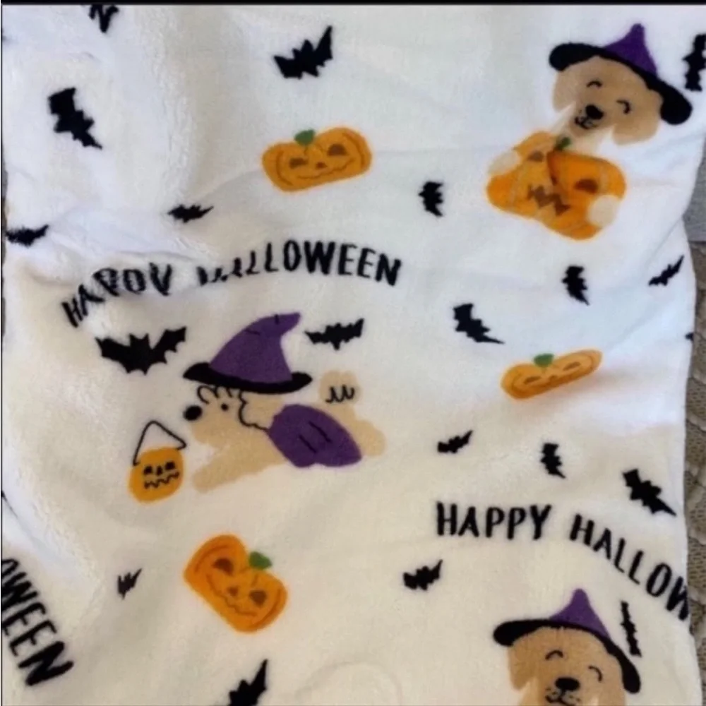 New Happy Halloween Dog with Witches Hat/ Bats & Pumkin Plush Throw Blanket